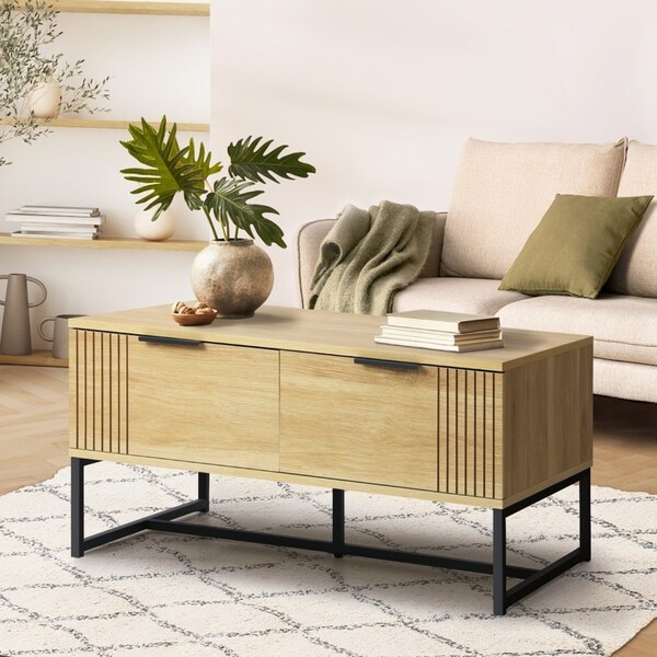 Oikiture Coffee Table Storage Drawers Side Tables Sofa Cafe Desk Wooden Natural