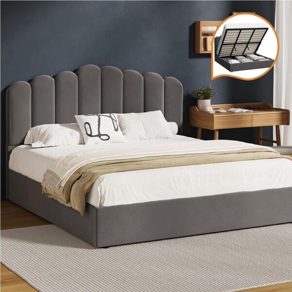 Oikiture Bed Frame King Size Gas Lift Bed Base With Storage Velvet KLON