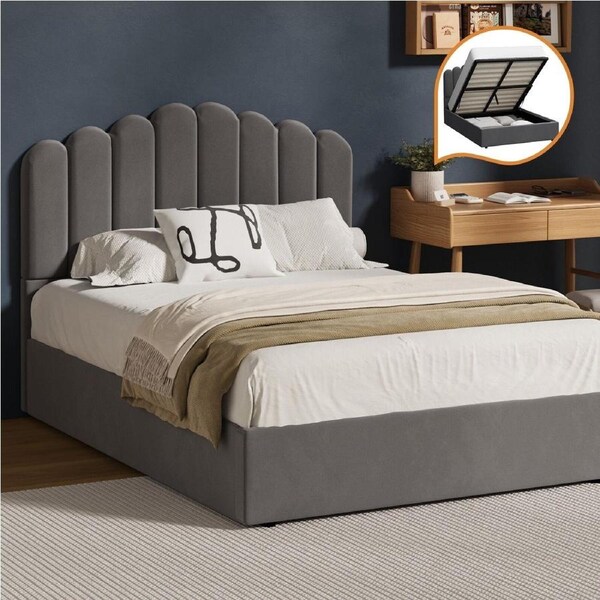 Oikiture Bed Frame Double Size Gas Lift Bed Base With Storage Velvet KLON