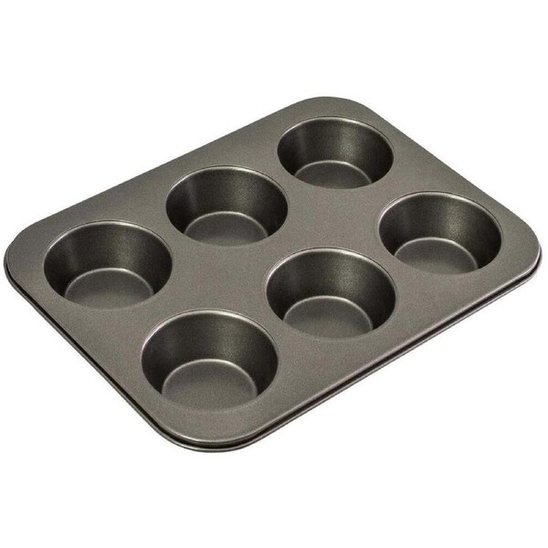 Bakemaster Large 35x26cm Carbon Steel 6-Cup Muffin Pan Mould Baking Tray Grey