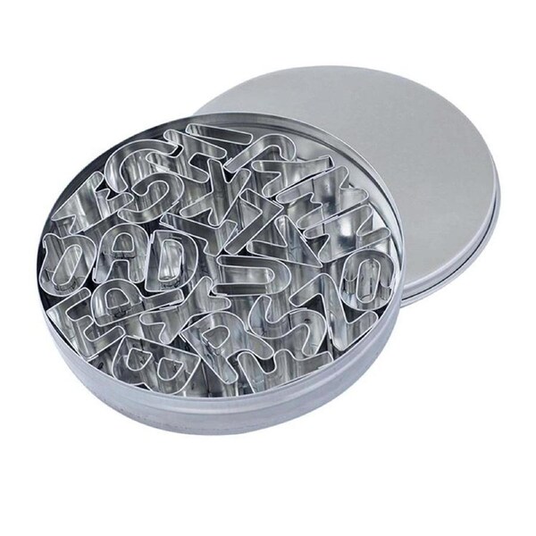 26pc Mondo Stainless Steel Alphabet Cutters Baking Set w/ Storage Tin Can Silver