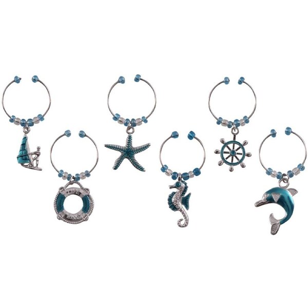 6pc Avanti Wine/Champagne Bottle Charms Set Cocktail Glass Party Tag Nautical