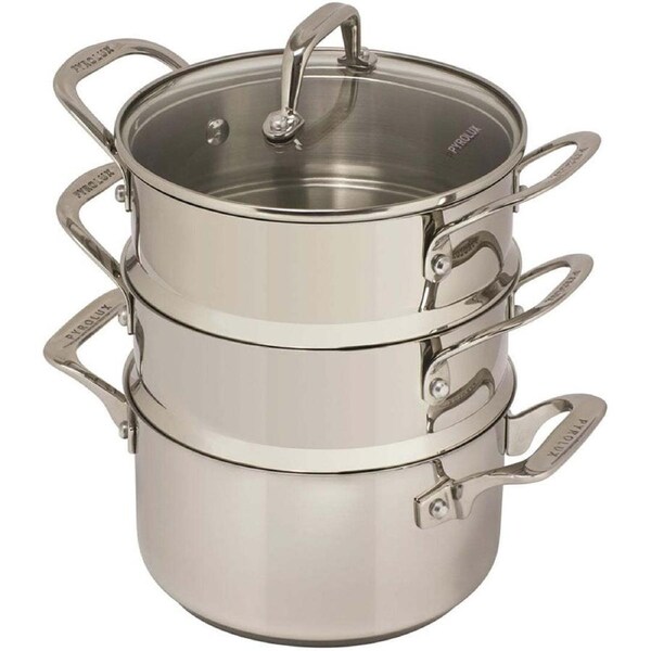 Pyrolux 18cm Stainless Steel 3-Tier Steamer w/ Glass Lid Round Cookware Silver