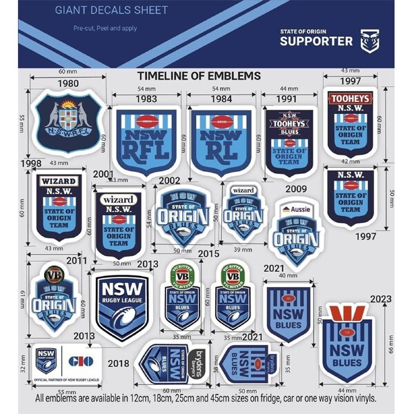 NRL Giant Decal Sheet - New South Wales Blues - Timeline Of Club Logos