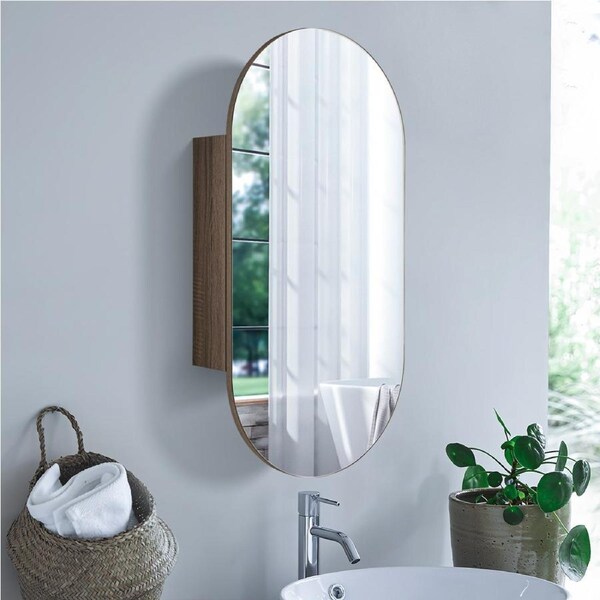 ACA Bathroom Wall Storage Oval Shaving Makeup Mirror Cabinet Medicine Plywood Vanity 90x45CM