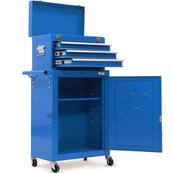 Bullet Pro 3 Drawer Tool Box Cabinet Trolley Storage, with 1-Door Toolbox Garage Organiser Set, Blue