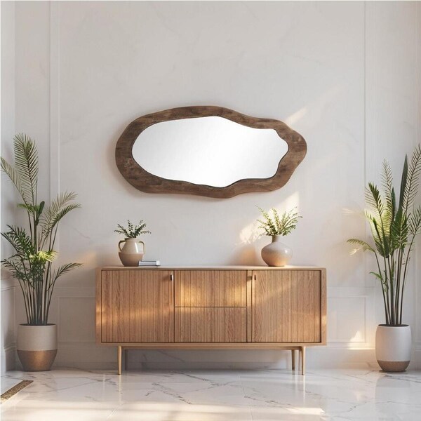 Willow & Silk Wood-Framed Large 100x49cm Mid-Century Asymmetric Wall Mirror