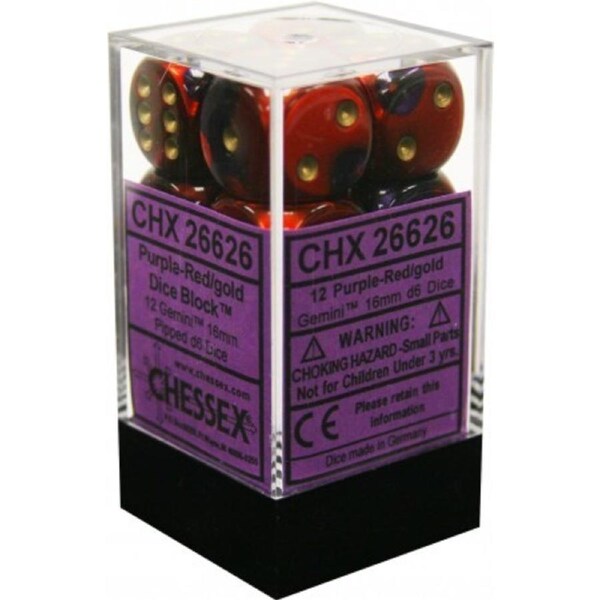 CHX 26626 D6 Gemini 16mm d6 Purple-Red/gold Dice Block (12 dice)