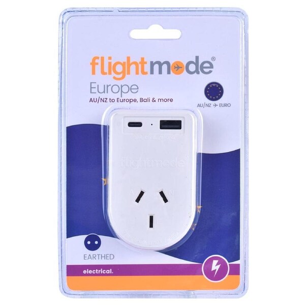 Flightmode Outbound AU/NZ to EUROPE/BALI Travel Adaptor with USB Type C & A