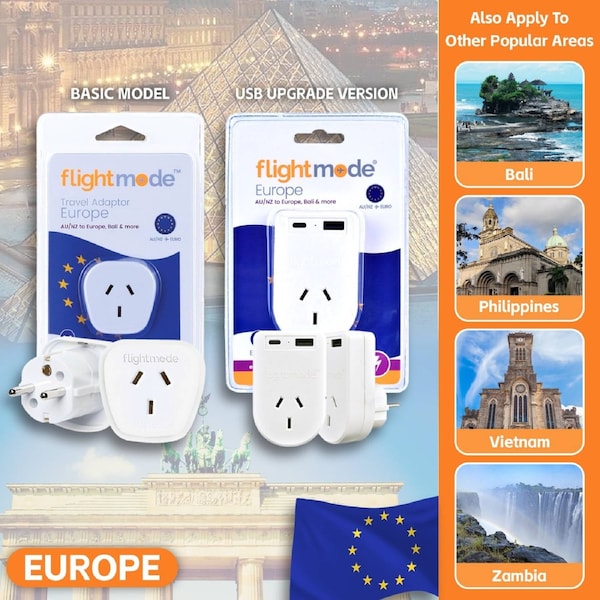 Flightmode Outbound AU/NZ to EUROPE/BALI Travel Adaptor with USB Type C & A