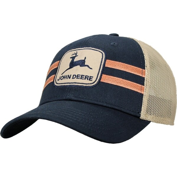John Deere Vintage Logo Trucker Mesh Racing Stripe Adjustable Cap/Hat Navy/Tan