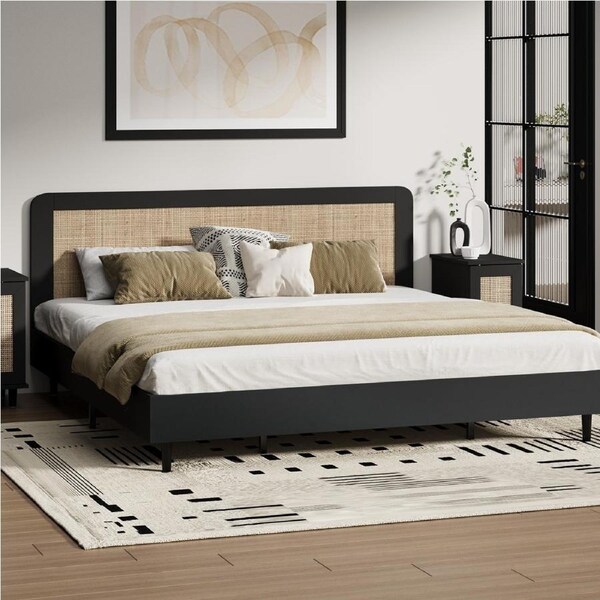 Oikiture Bed Frame King Size Beds Real Rattan Headboard Black