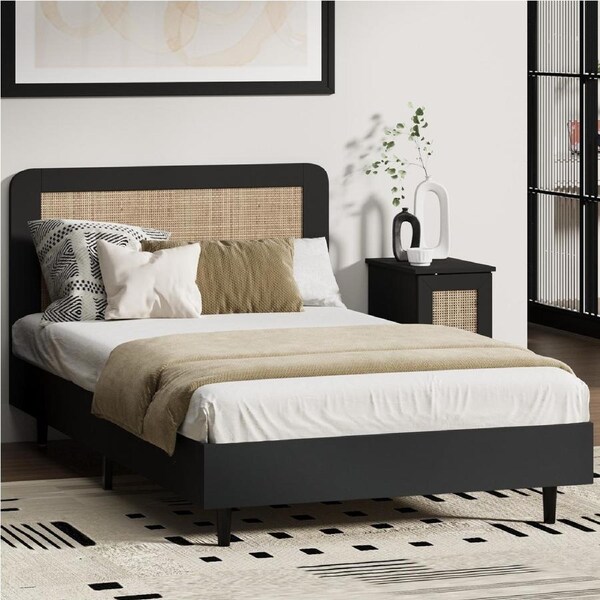 Oikiture Bed Frame Single Size Beds Real Rattan Headboard Black