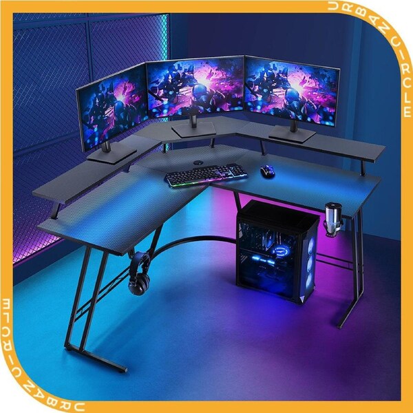 Furb L Shaped Gaming Desk with LED Lights Corner Computer Desk Carbon Fiber Table with Monitor Shelf