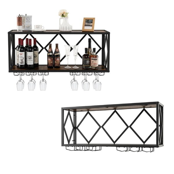 Giantex 2PCS 2-Tier Wall Mounted Wine Rack Wine Storage Shelf Cellar Display w/Glass Holder