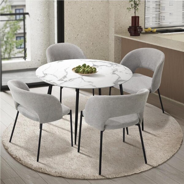 Oikiture 110cm Round Dining Table with 4PCS Dining Chairs Fabric Grey