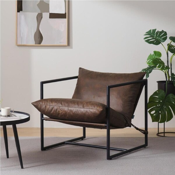 Zinus Aidan Sling Accent Chair / Metal Frame Armchair - Cognac Tan Brown