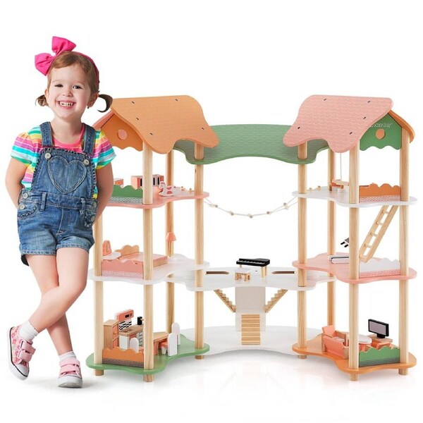 Babyjoy Kids Wooden Dollhous Pretend Play Doll House Cute Castle Playset w/31 Accessories & Colorful Roof