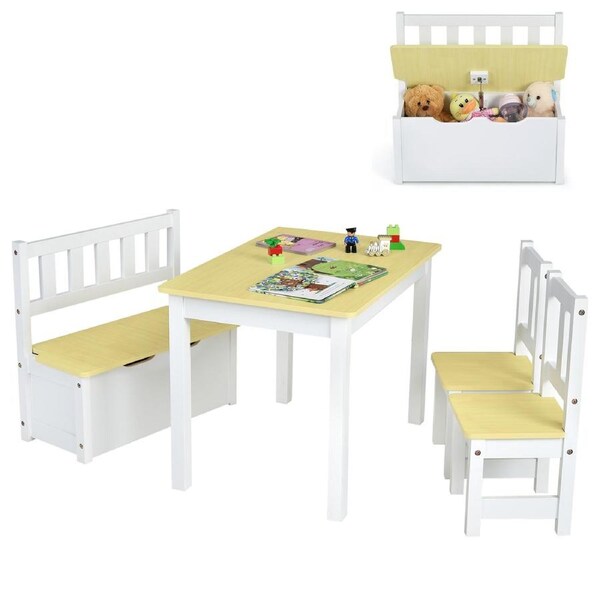 Babyjoy 4pcs Kids Table Chairs Set Wooden Children Activity Play Desk Bench Set Toy Storage Box Natural