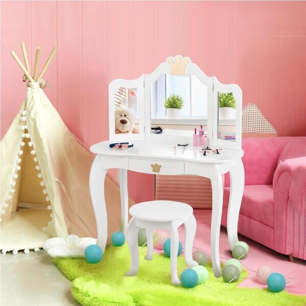 Babyjoy Kids Vanity Table & Stool Set w/Detachable Mirror Princess Makeup Dressing Table Set Study Writing Desk White