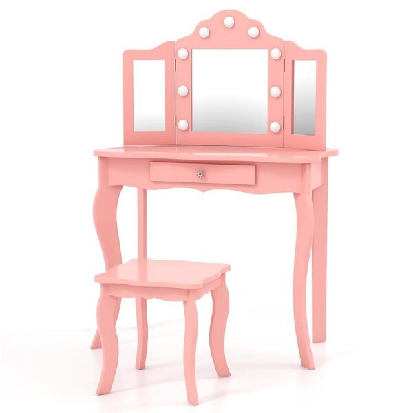 Babyjoy Kids Dressing Table Stool Set w/3 Color LED Light & Mirror Makeup Dressing Table & Stool Pink