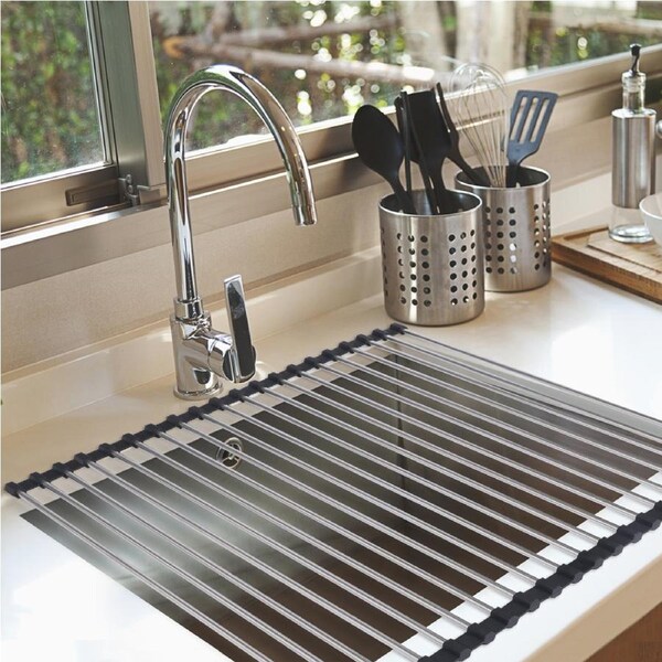 Roll Up Dish Rack Drainer Over Sink Stainless-Steel Plate Holder Stand With Tray 47cm x 40cm