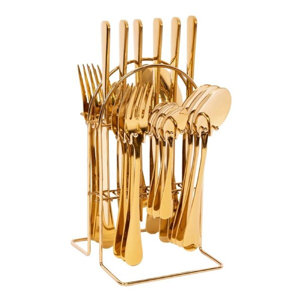 Tableware 24PC Gold Cutlery Set SS304 Household Knife Fork Spoon Kitchen with Storage Rack Dinner Service