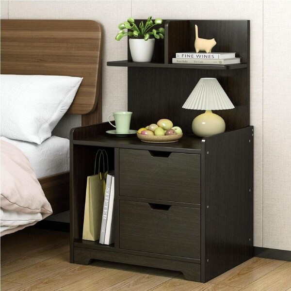 Harmony Tall Bed Side Table with Chest of Drawers and Shelf (Black)