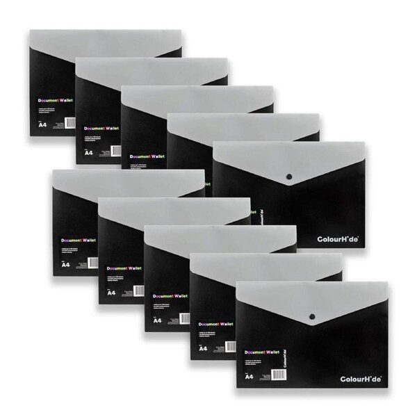 10pc Colourhide A4 Document Wallet Envelope Paper/File Organiser Rectangle Black