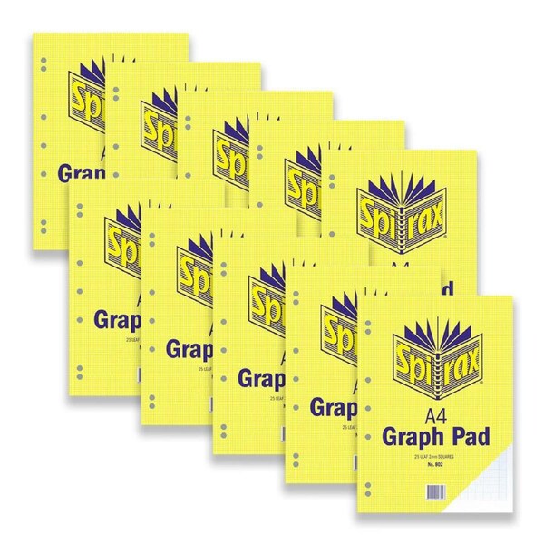10pc Spirax 802 School Graph Pad A4 Grid Notebook 2mm Squares 25-Pages Yellow