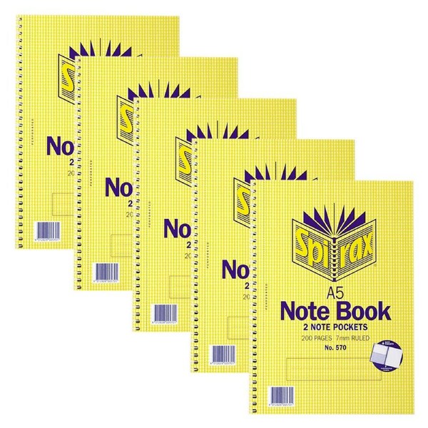 5pc Spirax 570 Pocket Notebook A5 School Stationery 7mm Ruled 200-Pages Yellow