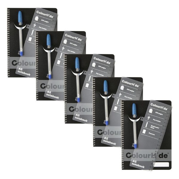 5pc Colourhide Writing Notebook w/ Ruler A5 School Stationery 200-Pages Black