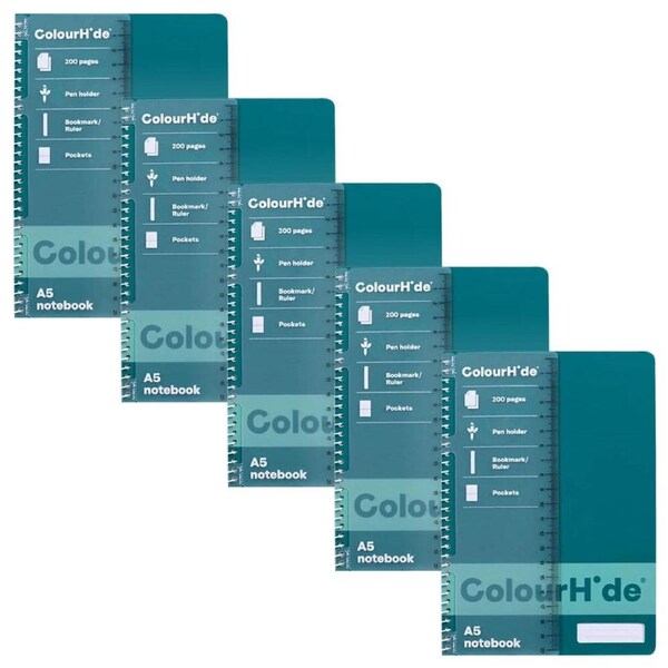5pc Colourhide Writing Notebook w/ Ruler A5 School Stationery 200Pgs Teal Green
