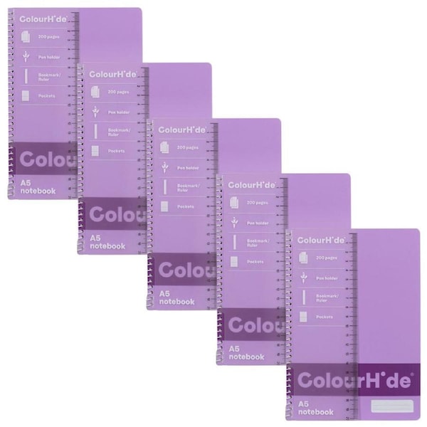 5pc Colourhide Writing Notebook w/ Ruler A5 School Stationery 200-Pages Lavender