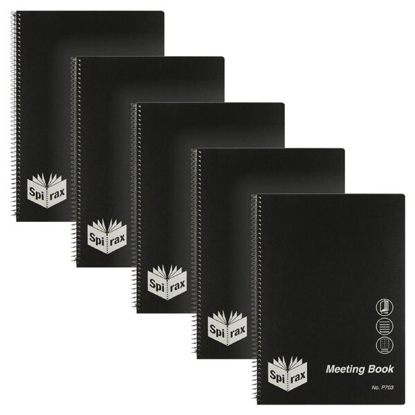 5pc Spirax A4 Spiral Meeting Book Office Note Writing Stationery 140-Pages Black