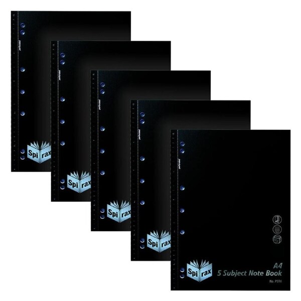 5pc Spirax P596 PP 5 Subject Notebook A4 Writing Stationery 250-Pages Black
