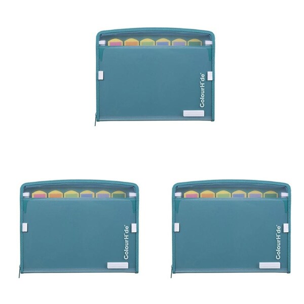 3x Colourhide A4 Zip-It Expanding File Organiser w/Pen Holder Loop Teal Green
