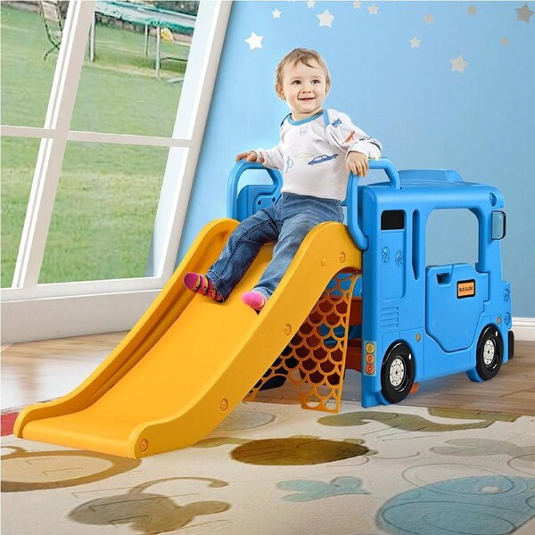 Juna 5-in-1 Kids Slide, Toddlers Slide with Bus Playhouse, Basketball Hoop and Baseball Set
