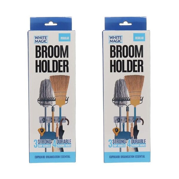 2x White Magic Wall-Mountable Broom Holder Storage Organisation Rack --Regular