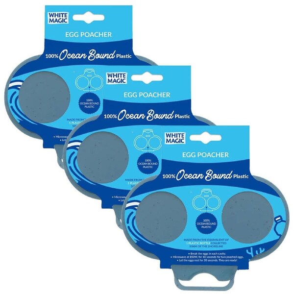 3x White Magic Ocean Bound Plastic Microwave Egg Poacher Kitchen Tool - Blue