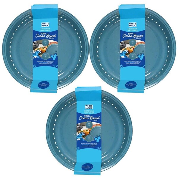 3x White Magic Ocean Bound Plastic Microwave Kitchen Food Cover Shield - Blue