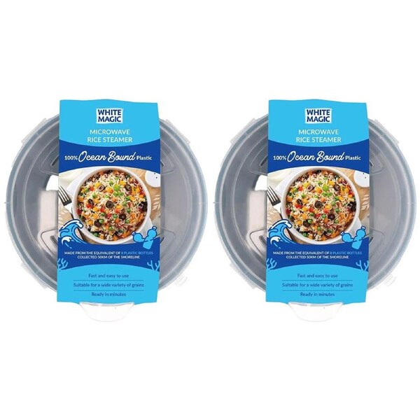 2x White Magic Ocean Bound Plastic Microwave Rice Steamer Kitchen Tool - Blue