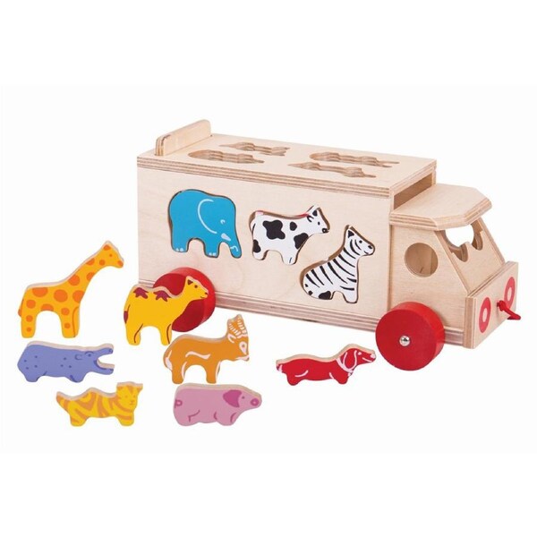 Bigjigs Toys Shape Sorter Lorry w/ 10 Wooden Animals Kids Educational Toy 18m+