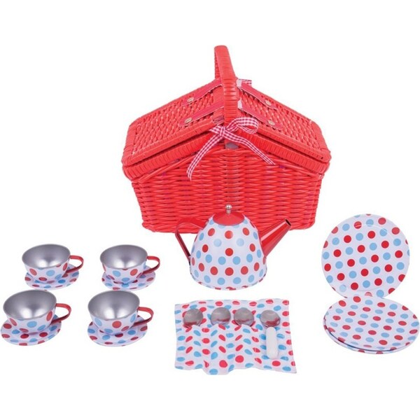 Bigjigs Toys Spotted Picnic Basket Tea Cups & Saucer Set Kids/Children Toy 3y+