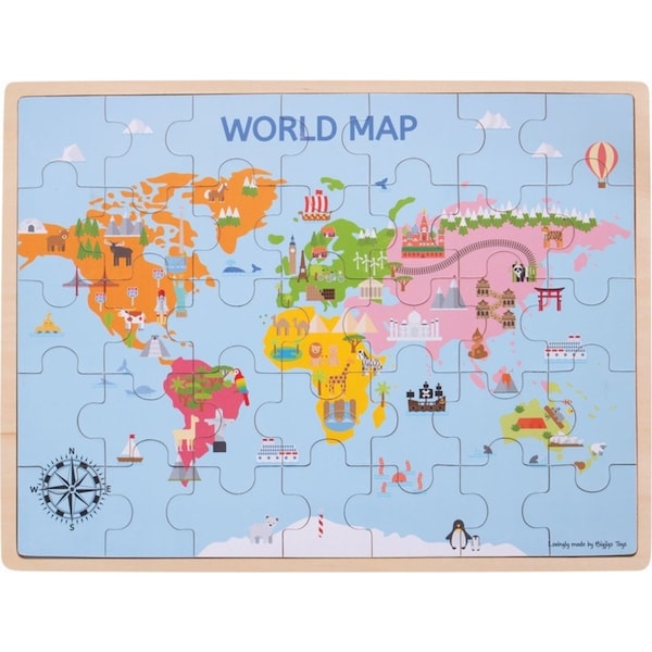 35pc Bigjigs Toys 43cm World Map Jigsaw Puzzle Kids Wooden Learning Toy 3y+