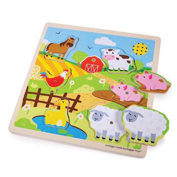 6pc Bigjigs Toys 22cm Farm Sound Animal Puzzle Kids Wooden Sensory Toy 12m+