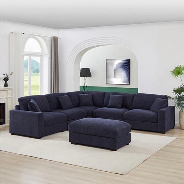 Corner Sofa Premium Fabric Upholstery Padded Seat Wooden Frame Rubber Wooden Legs with Ottoman