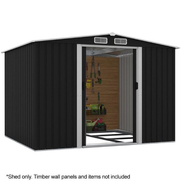 PlantCraft Galvanised Steel Garden Shed 2.58 x 2.07 x 2.02m with 2 Sliding Doors, 4 Air Vents, Gable Roof, Floor Frame, Black
