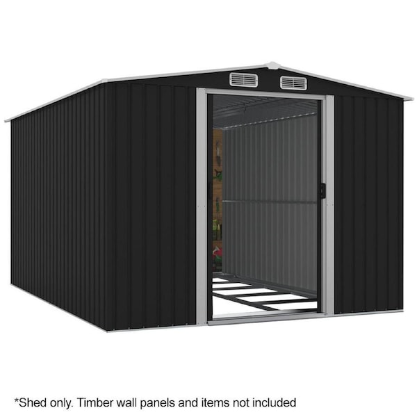 PlantCraft Galvanised Steel Garden Shed 2.58 x 3.14 x 2.02m with 2 Sliding Doors, 4 Air Vents, Gable Roof, Floor Frame, Black