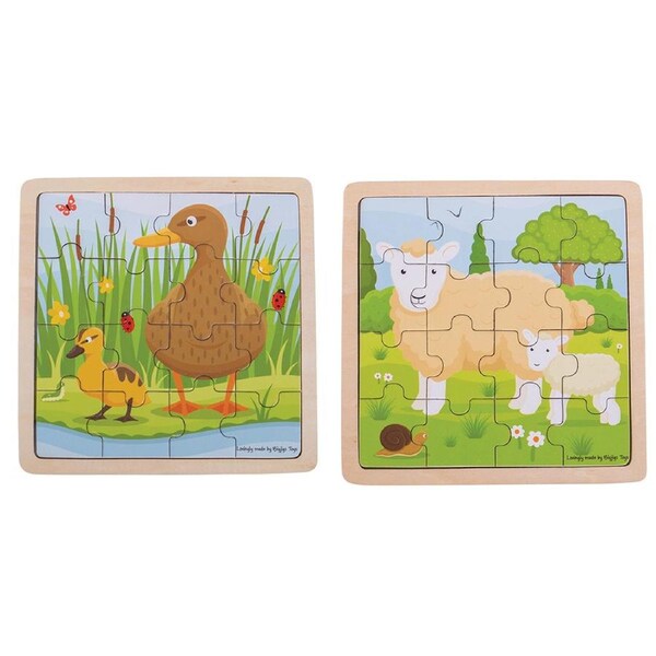 2x 16pc Bigjigs Toys 18cm Duck/Duckling & Sheep/Lamb Puzzle Wooden Toy Combo 2y+